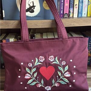 !!!!RESERVED!!!!Embroidered Floral Heart Tote Bag - Burgundy